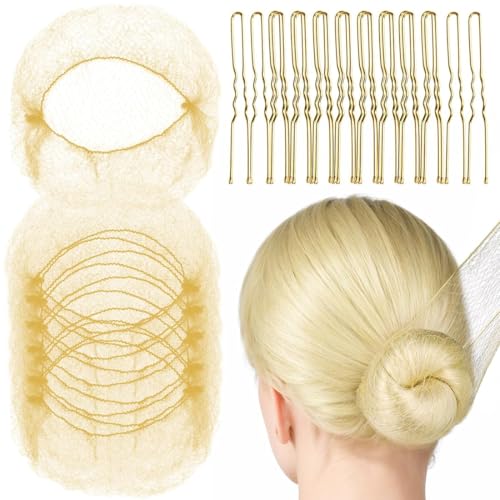 Redecillas Invisibles, 20 Redecilla Moño Niña con 40 piezas Horquillas Pelo,Mallas Elástica,para Hacer Bollo de Pelo, Bailarina de Ballet(Dorado)