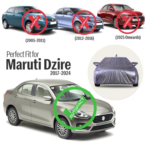 Image of Autofact 210D SuperDuper Waterproof Car Cover for Maruti Swift Dzire (2017 to 2024) | Mirror & Antenna Pockets, UV & Heat Resistant, Windproof, Scratchproof & Dustproof, Grey Color