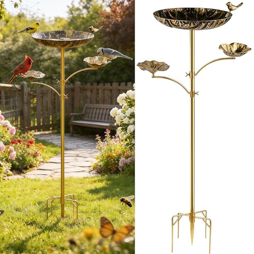 Image of 3-in-1 Triple Bowl Bird Bath Feeder Combo, Metal Birdbath for Outside | Black Gold Finish, 4-Claw Ground Stake, 11.8in Main Bowl, Two Side Bowls, Powder-Coated, For Outdoor Garden Yard