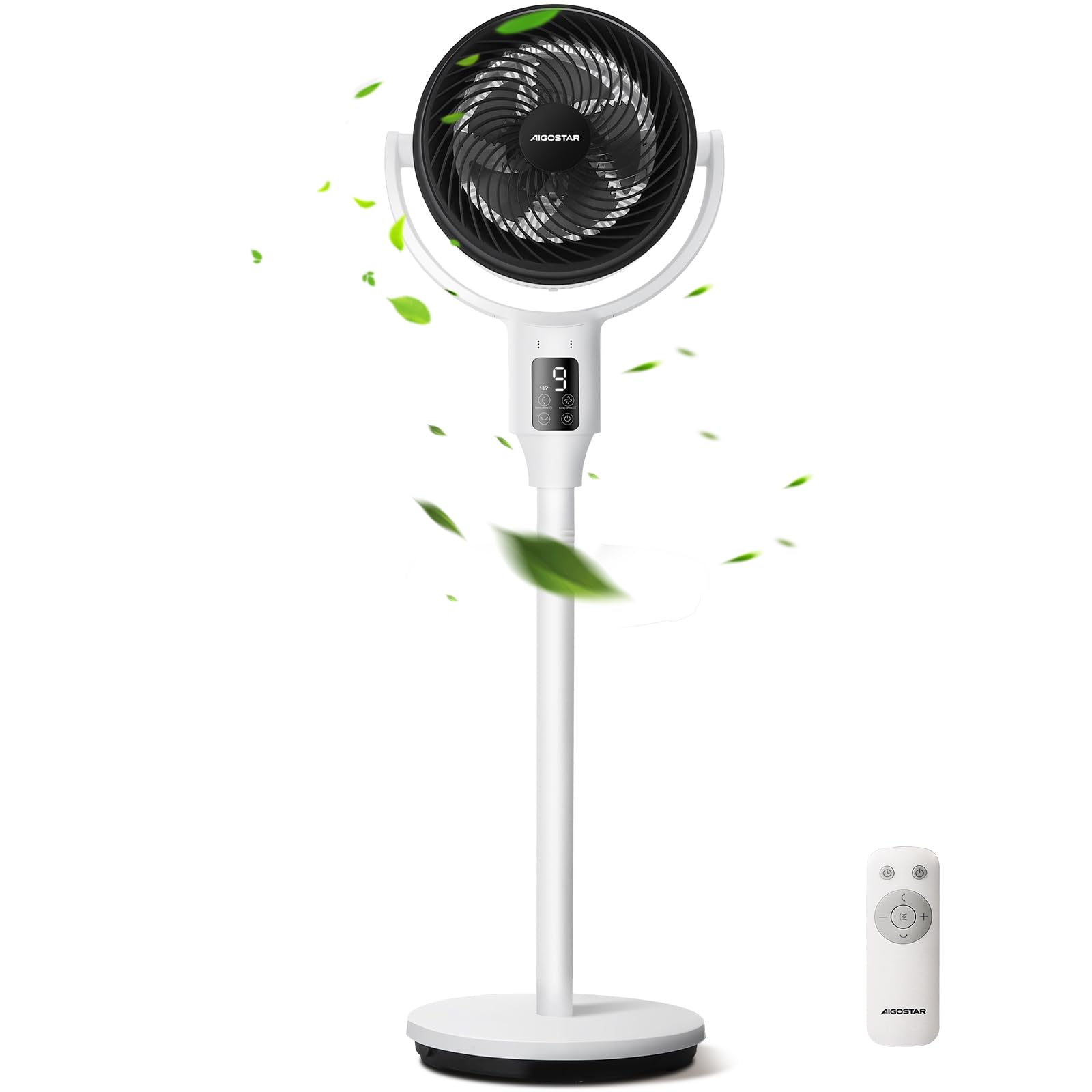 Aigostar Ventilador de Pie Silencioso 23dB con Mando, Motor DC, 24W Circulador Ventiladores Bajo Consumo, Oscilación 135°+85°, 9 Velocidades y Temporizador 9 H, Función de aromaterapia, Blanco Airflow
