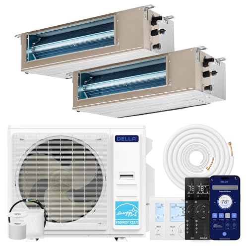 DELLA 34K BTU 2 Zone (17,000+17,000 BTU) Concealed Ducted Mini Split AC, 20 SEER2, Energy Star, 230V Inverter Heat Pump System, Pre-Charged, Work with Alexa and Wifi, 25ft Kit & Thermostat 2