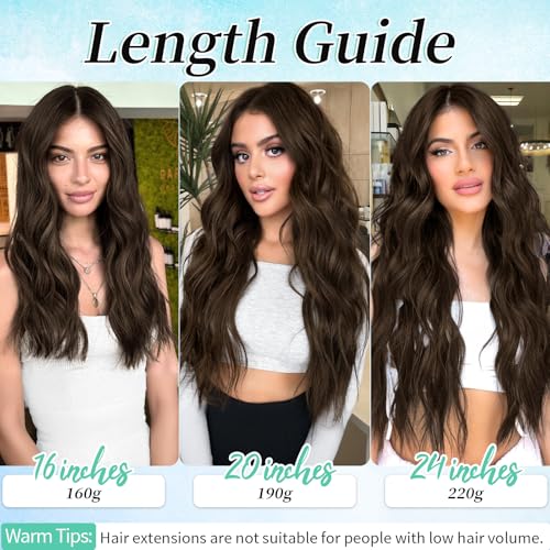 Image of Wavy Thick Clip in Hair Extensions 20 inch Dark Chocolate Brown | 4 Pieces Clip in Extensions,Fiber Double Weft Hairpieces,Natural Volume,Beach Wave Long Synthetic Hairpieces for Women