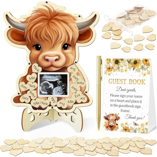 generic 65 Pcs Highland Cow Baby Shower Decorations Guest Book, Baby Shower Guest Book Alternatives with Photo Frame, 60 Wood Slices Cow Baby Shower Guest Book for Boys Grils Baby Shower