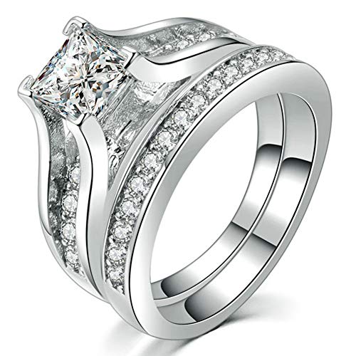 SAINTHERO Womens Wedding Engagement Bands Ring Sets 18K White Gold Plated Princess Cut Eternity Solitaire CZ Crystal Best Anniversary Promise Rings Size 9