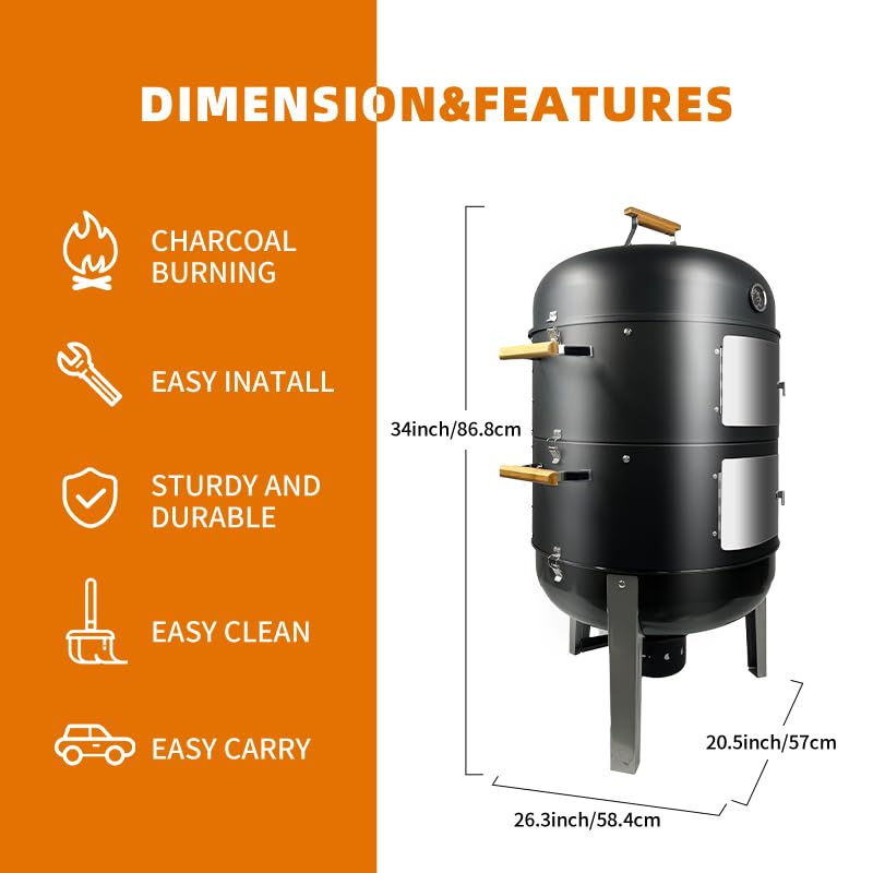 205 3 in 1 BBQ Smoker Grill Built in Thermometer Air Vent and 2 Access Doors Multi Layer Meat Smoker with 5 Bamboo Handles and Rib hanger set with 4 Hooks Parties Backyard BBQ