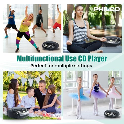 PHILCO Portable Bluetooth Boombox with CD Player | Compatible with MP3/WMA/CD-R/CD-RW | FM Radio | 3.5mm Aux Input | Stereo Sound | LED Display | AC/Battery Powered | Compact and Easy-to-Use - Thumbnail 4