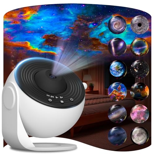 Galaxy Projector for Bedroom, HD Image Star Projector Galaxy Light Adjustable Knob, 13 Film Discs Planetarium Projector for Kids, 360° Rotating 1/2h Timer Simple 3-Button Control Black&White