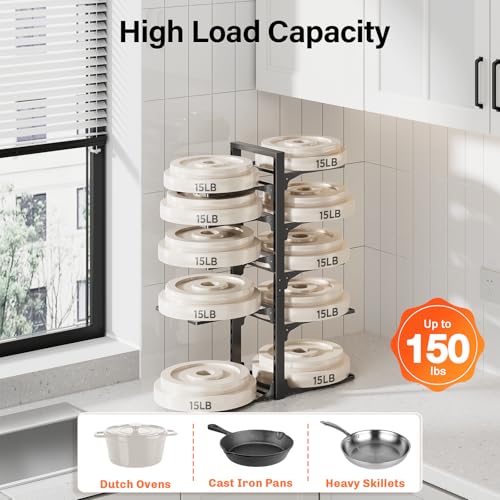 Image of MUDEELA 10-Tier Pots and Pans Organizer under Cabinet, 23.62 inch Height Heavy Duty Pot and Pan Organizer Kitchen Cabinet Organization and Storage, Adjustable Pot Rack for Frying Pan, Cast Iron Skillet