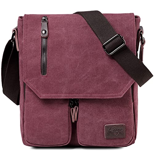 Kasgo Umhängetasche Damen, Wasserabweisend Vintage Segeltuch Herrentasche Schultertasche Klassische Kuriertasche Crossbody für Arbeit Schule Burgund