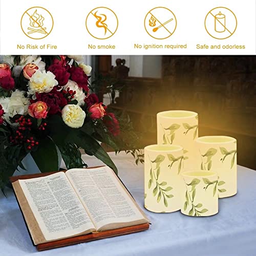 Image of Green Leaves Flameless Candles Battery Operated Candles Set of 4 with 18-Key Remote Control Timer Dancing Flame Pillar Candles for Home Beach Hotel