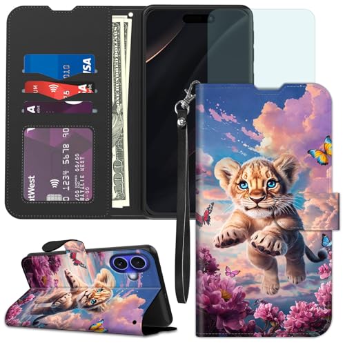 Qindaiwen for iPhone 16 Wallet case with RFID Blocking Credit Card Holder Kickstand, Folio Flip PU Leather Shockproof Protective Cover for iPhone 16 6.1", Cute Baby Lion