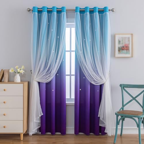 Image of Anytime Star Blackout Curtains for Girls Bedroom Kids Room, Blue Purple