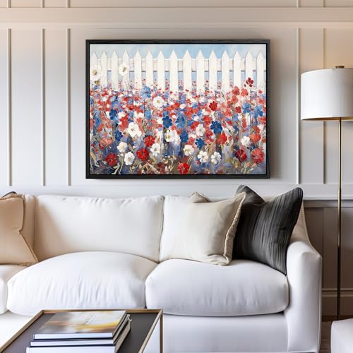 Image of Wildflower Field Framed Canvas Wall Art, 4th of July Red White Blue Canvas Prints, Vintage Rustic Landscape Patriotic Decorations, Independence Day Wall Decor for Bedroom Living Room Office 6x8