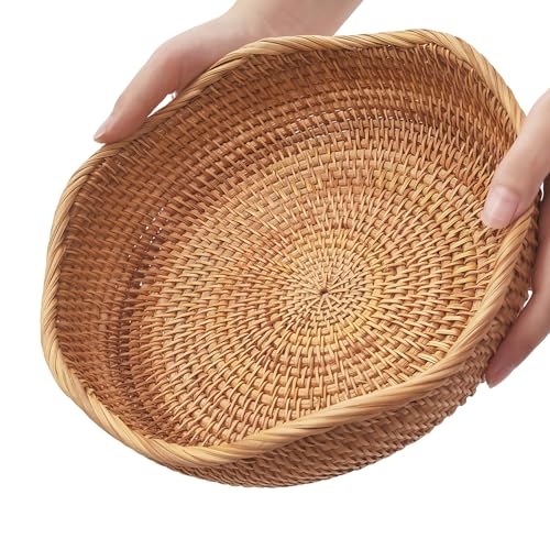 10" Medium Wave Rattan Wicker Bread Basket, Natural Fruit Basket