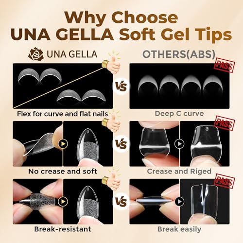 Image of UNA GELLA Short Almond Nail Tips: 504PCS Short Fake Nails Soft Press On Gel Nail Tips Pre Shaped Almond Shape Home Nail Extension Full Cover, 12 Sizes Acrylic Gelly Tips