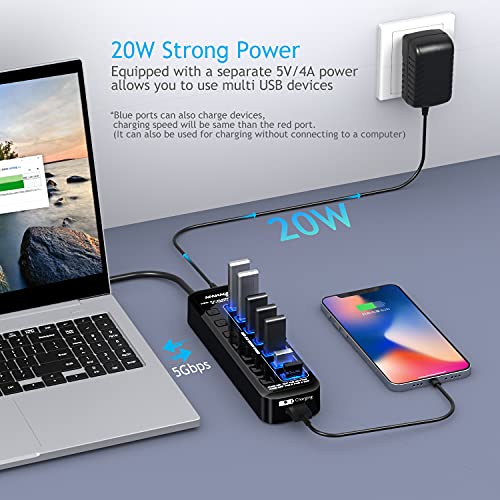 Apanage-Powered-USB-30-Hub-8-Port-USB-30-Hub-Splitter-with-7-USB-30-Data-Ports-and-1-Smart-Charging-Port-with-Individual-OnOff-and-5V4A-Power-Adapter-USB-Extension-for-MacBook-Mac-Pro