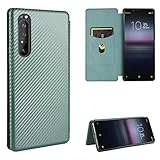 Pelanty for Xperia 1 II so51a ケース 手帳型 炭素繊維調 SO-51A SOG01 携帯カバー 背面カバー 軽量 薄型 財布型 カード収納 ソニー エクスペリア1ii 第2世代 スマホケース マグネット ストラップ付き 耐衝撃 全面保護-グリーン