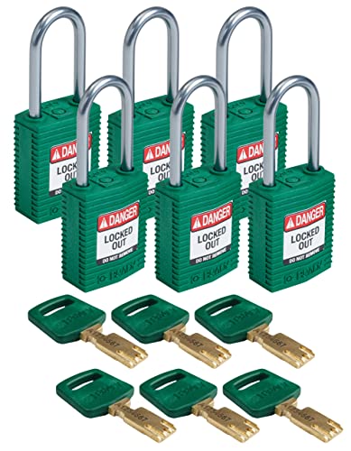 Image of Brady CPT-GRN-38AL-KD6PK SafeKey Padlock, Green, 3.0 in H x 1.25 in W x 0.75 in D, Set of 6 Pieces