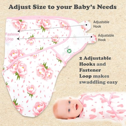 Image of Swaddle Blankets for Baby Girl, 3-6 Months Old Large Size, 3 Sets of Infant Adjustable Swaddles Wrap Sack, 0.5 TOG Breathable Cotton, Pink