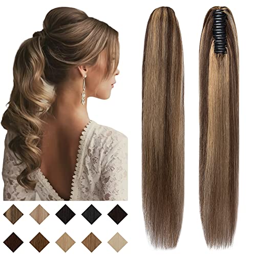 SEGO Jaw/Claw Clip Ponytail Extension Human Hair Clip in Ponytail Hair Extensions Pony Tails Hair Extensions 100% Real Remy Hair Long Straight For Women 20 Inch Medium Brown&Dark Blonde 120 Gram
