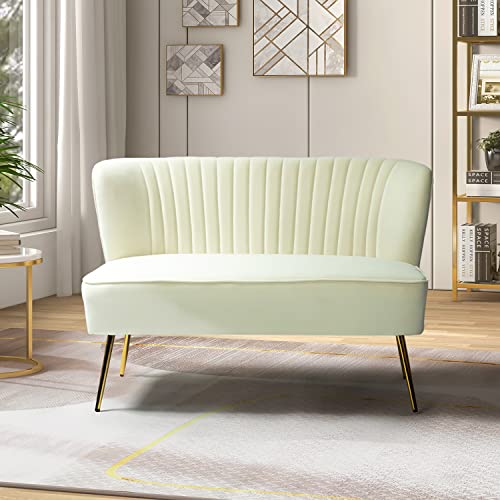 Tina's Home Contemporary Velvet Loveseat Sofa, Upholstered Loveseat Couch With Golden Metal Legs, Small Tufted 2-Seat Sofa Armless Love Seat For Living Room, Bedroom, Apartment Small Spaces, Ivory #TOP3