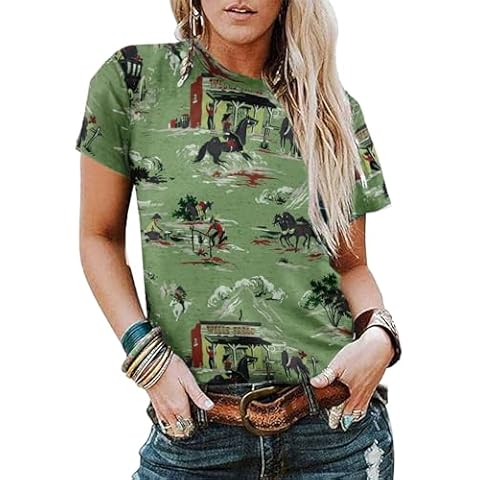 YeonYoonA Western T-Shirts Cactus Shirts for Women Cowgirl Shirt Vintage Rodeo Tshirt Desert Horse Graphic Tees Tops(Green,X-Large) Cover