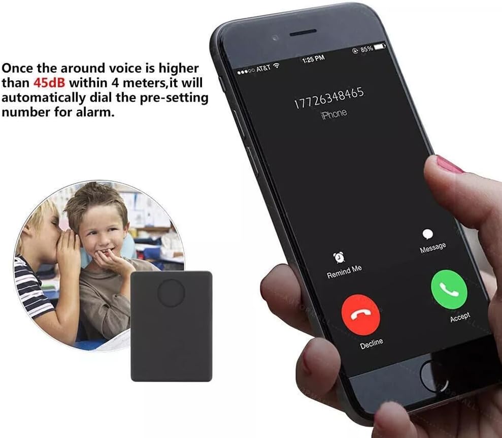 Illustration of the N9 device triggering a call to a mobile phone when ambient sound exceeds 45dB.