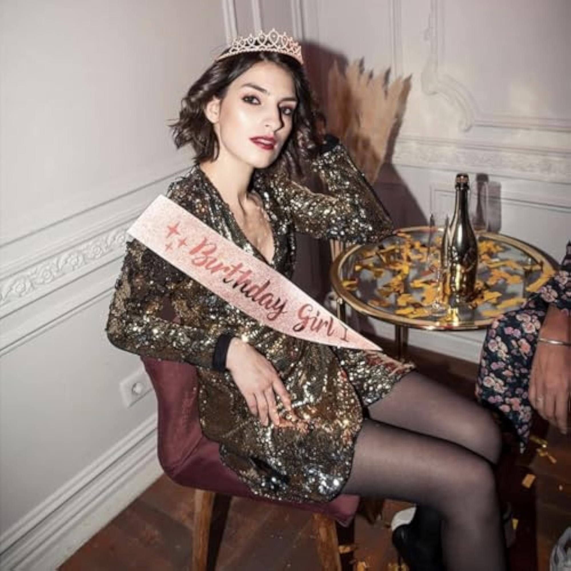 Rose Gold Birthday Girl Sash and Crown Set, 2 Pcs
