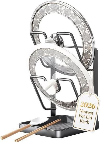 Pot Lid Organizer Holder Kitchen Storage Rack While Cooking Inside Cabinet Pan Cover Countertop with Double U-Shaped Slots over the Stove Spoon and Rest for Cutting Board Stand Drip Tray