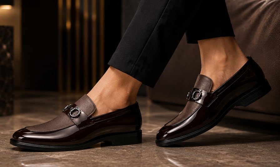 Image of Men's Formal Dual-Texture Loafer, Slip-On Dress Shoe, Patent and Matte Finish, Metallic Bit Detail, for Black-Tie Events and Festive Occasions