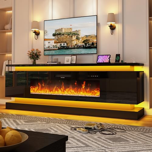 81 Fireplace Tv Stand W/50 Fireplace 2 Led Light TV Stand for 90/85 inch TVs High Gloss Electric Fireplace Entertainment Center W/Power Outlets Gaming 2 Tier Tv Consoles Stand for Living Room Black