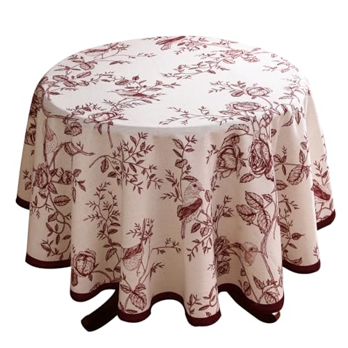 ISAENNE Designer Vintage Linen Round Tablecloth,Red Floral Pattern Linen Stain Resistant Table Cloth,Decor Tablecloths for Dining Thanksgiving Kitchen Christmas,Diameter 67"-Harmony