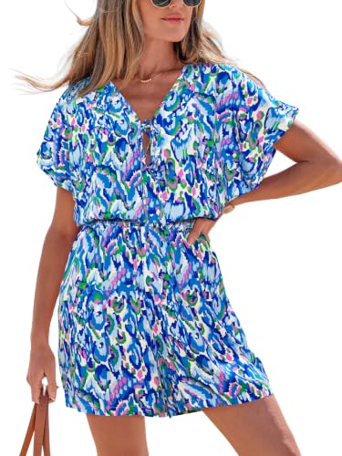 Image of CUPSHE Womens Summer Romper Front Tie Elastic Waist Beach Workout Rompers | Plunge V neck Short sleeve Wide leg, Casual Vacation Holiday Work Business Daily Outfits, Short One Piece Jumpsuit Dressy