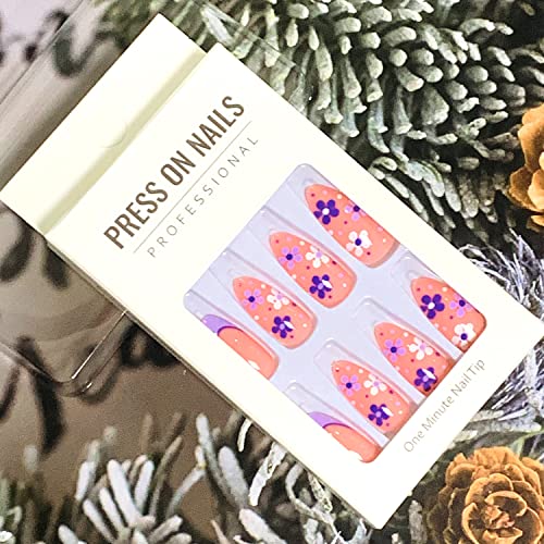 24Pcs Full Cover Reusable Glossy False Nails Kits, Press On Nails Pointed Medium Length With Purple Flower Designs Artificial Fingernails Acrylic Fake Nails For Women Glue On Nails Almond Shape #TOP5