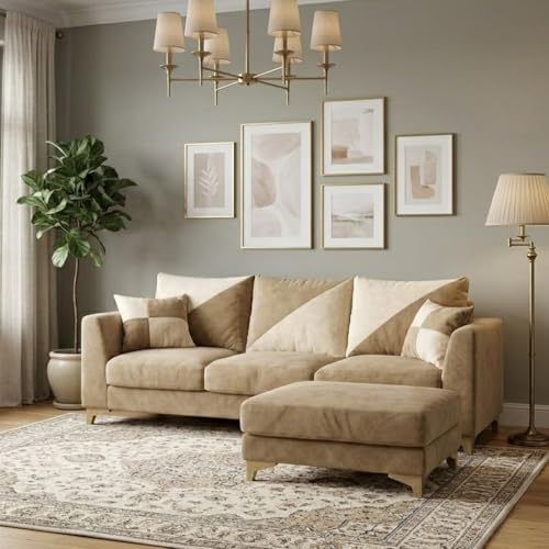 Image of Juliet 4 Seater L Shape Sofa Set with Movable Ottomans | Flexible Layout | Rich Velvet Suede Fabric | Silver Legs | Dual Tone Modern Sofa for Living Room (Beige-Cream)