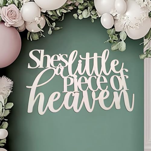 Wooden She's A Little Piece of Heaven Sign for Backdrop,Heaven Theme Baby Shower Party Decor,Welcome Baby Party Gender Reveal Wall Decorations Supplies for Girls(15.75×11.81 in)