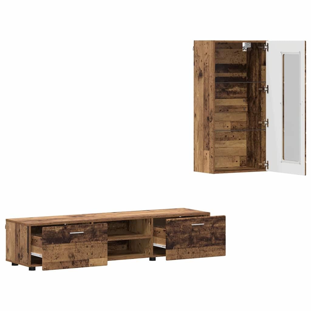 Florin - Set di 3 mobili per TV con cassetti, in legno anticato, per soggiorno, scaffale basso, portaoggetti moderno per la famiglia