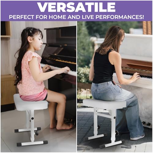 Liquid Stands Adjustable Piano Bench White – Music Keyboard Bench Seat for Digital & Electric Pianos - Stylish Seating, Comfortable, Sturdy, Padded Cushion for Musicians Piano Stool Chair (PU Leather)