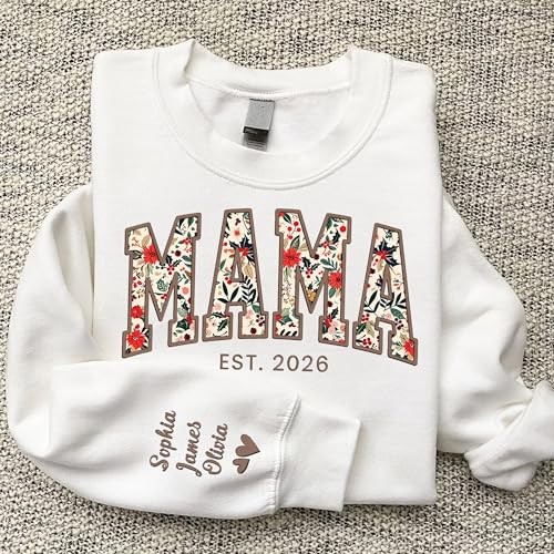 NAZENTI Custom Embroidered Mama Floral Shirt with Name on Sleeve, Personalized Floral Mama Crewneck Sweatshirt, Perfect Birthday, Shirt for Women