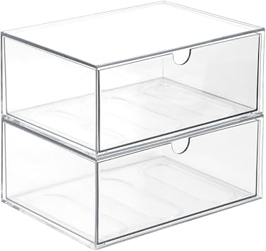 2 Pack Stackable Cosmetic Organizer, Transparent Acrylic Makeup Organizer | Desk Drawer Storage Box, Acrylic Display Case for Cosmetics, Bathroom, Skincare, Jewelry