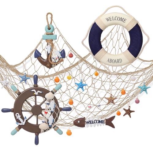 Filet de pêche décoratif Marsui avec gouvernail et ancre en bois pour fête, 11 pièces