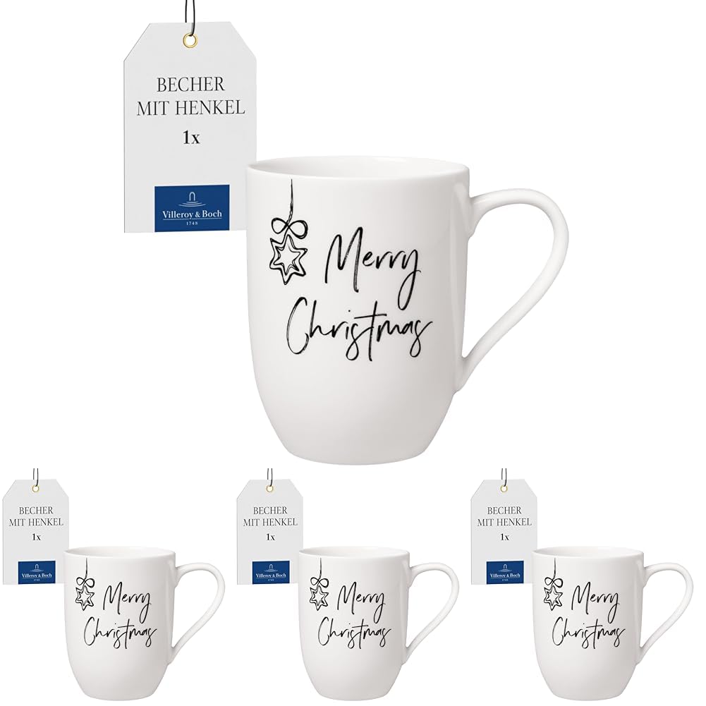 Villeroy & Boch - Statement Tasse Merry Christmas Weiß, Spülmaschinenfest, Mikrowellensicher, Becher mit Henkel, Kaffeebecher Weihnachten, Kaffeetasse Weihnachten, Wintertasse, Premium Porzellan
