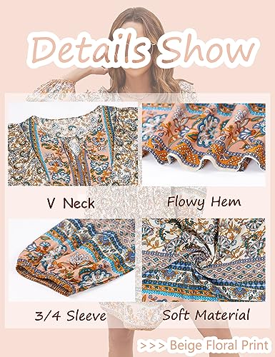 Image of Bluetime Women Casual Summer Dress Boho V Neck 3 /4 Sleeve Babydoll Floral Print Flowy Beach Dress