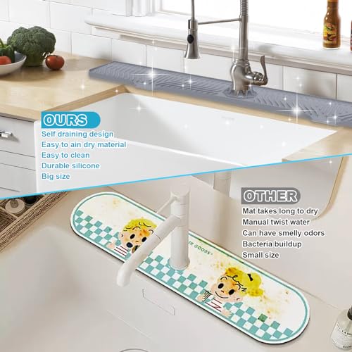 Image of Derlights 33 inch Sink Splash Guard Mat, Silicone Faucet Handle Drip Catcher Tray, Longer Silicone Sink Mat for KitchenBathroom, Drip Protector Splash Countertop (Gray)