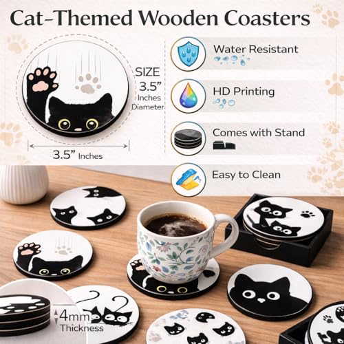 Image of Zesta Coasters for Cups Set of 6 / Wooden Coasters for Bar Accessories for Home /Tea Coaster Set of 6 / Waterproof Dining Table Decor Glass Cover (Cats, Circle)