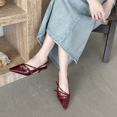 Women's Pointed Toe Kitten Heels Buckle Pumps,Sexy Slingback Adjustable Metallic Multi-Buckle Low Heel Sandals Slip On Office Party Dress Pumps Shoes 5