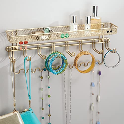 Mdesign Steel Wall Mount Closet Jewelry Storage Organizer Rack Holder With 8 Hooks And Basket For Bedroom - Holds Necklaces, Bracelets, Watches, Sunglasses, Purses - Concerto Collection, Gold Brass #TOP1