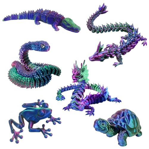 Kenmohuo 6PCS 3D Printed Animals, Joint Articulated 3D Printed Fidget Toys Animal Collectable for Home and Office Decoration Gift (Blue Green Purple)