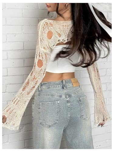Image of BEAUDRM Women's Crochet Bolero Shrug Goth Grunge Outfits Bell Sleeve Sweater Bow Pullover Crop Top