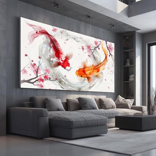 Cuadros modernos de acuarela con peces koi y flores, decoración en lienzo grande